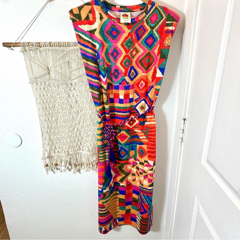 Farm Rio Colorful Geometric Red Rainbow Quilt Pattern Bohemian Rope Dress Small - Picture 2 of 9